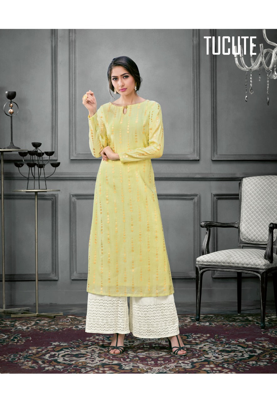 Indian Ethnic Front Cut palazzo Kurta Set Women Stylish Yellow Kurti  Dupatta Set | eBay